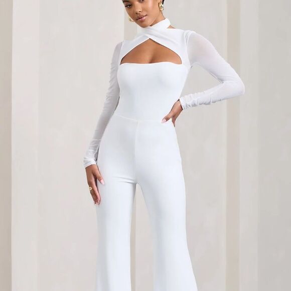 Club L London Fallon  flared leg jumpsuit with long mesh sleeves neck wrap - Picture 1 of 16